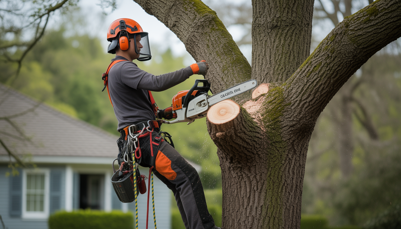 Arboriste professionnel en train de grimper un grand chêne équipé d'un harnais de sécurité et d'une tronçonneuse, avec des cordes visibles et un équipement de protection, dans un environnement résidentiel avec branches taillées et lumière naturelle