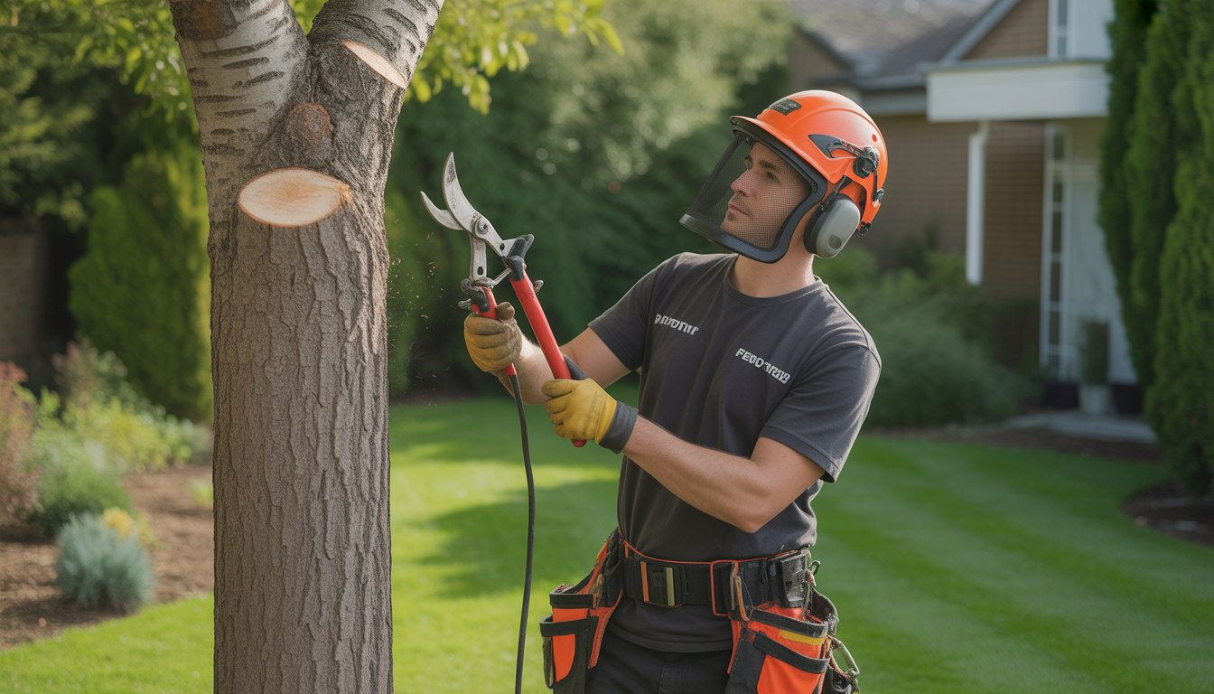 Professional tree pruner wearing full safety equipment working in a residential garden with natural lighting