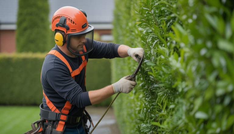 Professional tree care worker wearing safety harness and gloves trimming a dense hedge in a residential garden under natural lighting