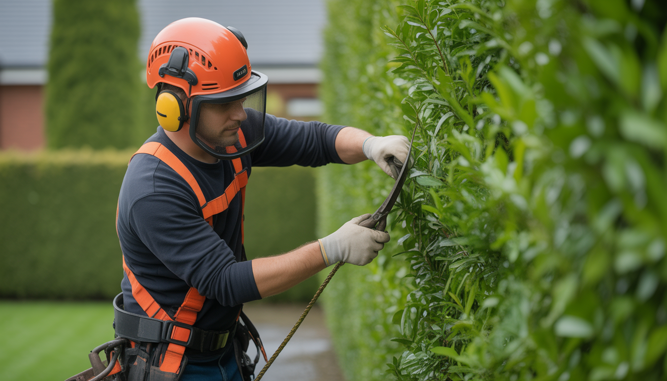 Professional tree care worker wearing safety harness and gloves trimming a dense hedge in a residential garden under natural lighting