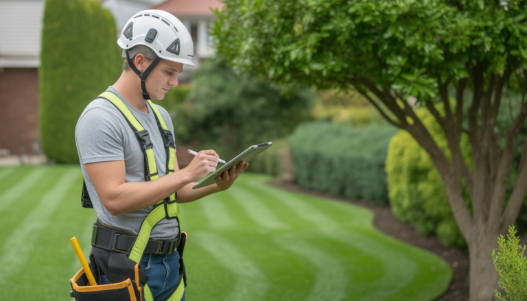 Professional landscaper wearing safety harness and helmet signing maintenance contract on digital tablet in a well-maintained garden with healthy trees and lush green lawn under natural lighting
