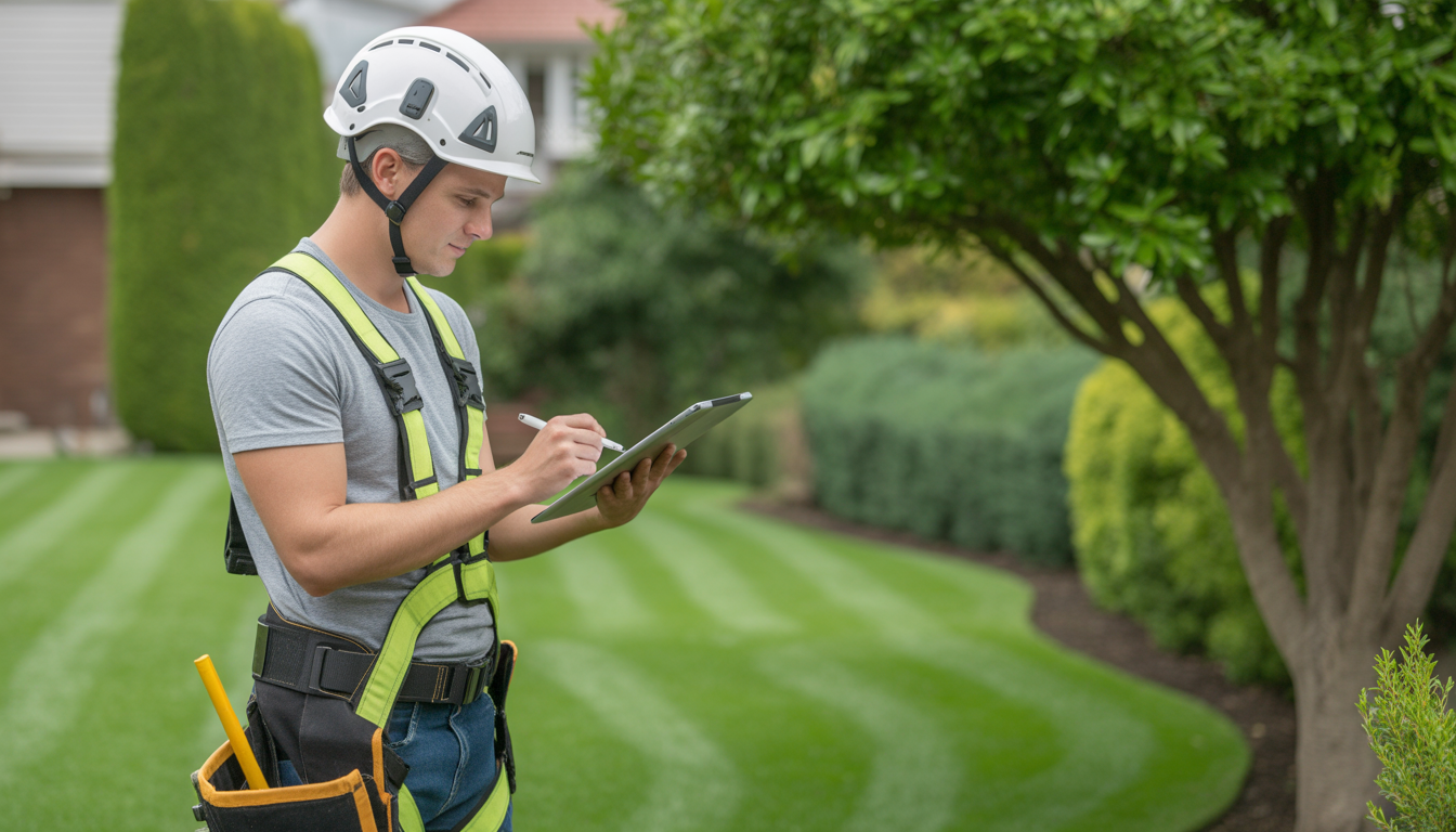 Professional landscaper wearing safety harness and helmet signing maintenance contract on digital tablet in a well-maintained garden with healthy trees and lush green lawn under natural lighting
