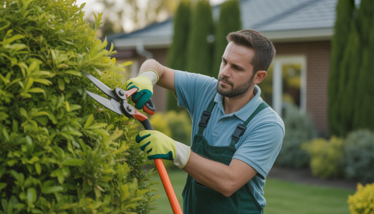 Professional gardener wearing safety gloves pruning a lush shrub in a residential garden using specialized tools under natural lighting
