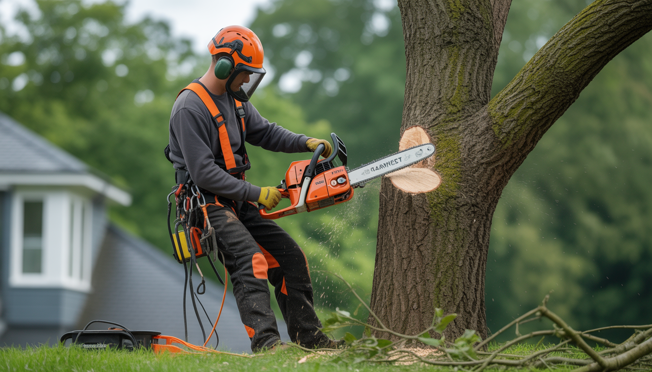 Tree care worker wearing full safety gear with harness and helmet, operating a chainsaw high up in a large tree surrounded by branches on the ground, with lifting equipment visible