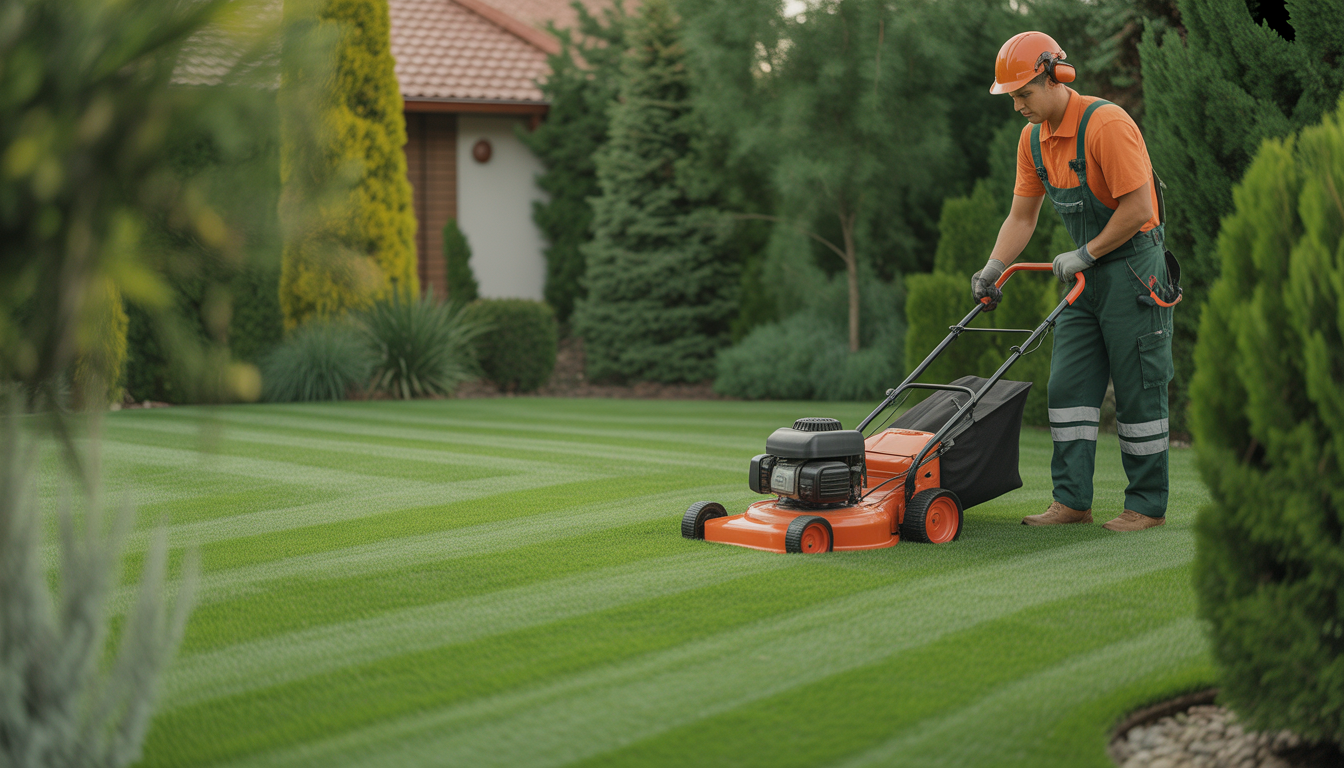 Professional gardener mowing a pristine green lawn in a residential garden with natural lighting, wearing safety equipment