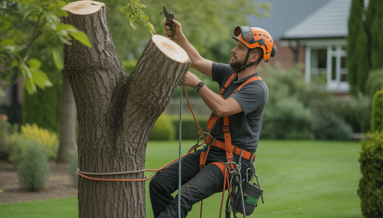 Arboriste équipé d’un harnais et cordes escaladant un grand tilleul pour une taille précise, outils spécialisés visibles, jardin résidentiel bien entretenu en arrière-plan