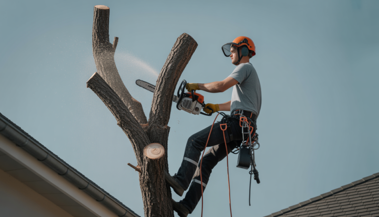 Arboriste professionnel en harnais complet et casque, grimpant un arbre mature et coupant des branches mortes avec une tronçonneuse sur un chantier résidentiel sous un ciel dégagé