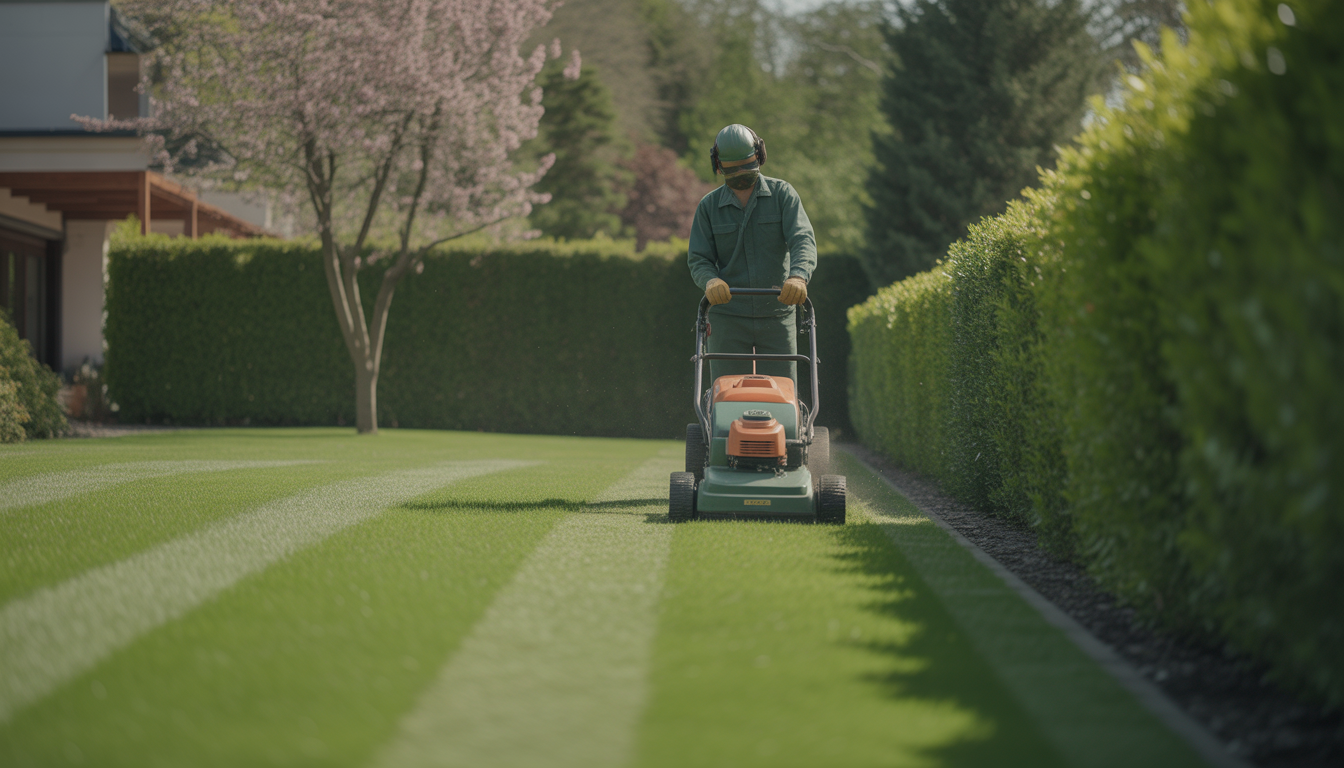 Professional gardener wearing protective gear mowing a lush green lawn with a modern lawn mower, creating precise cutting lines in a residential garden with flowering trees