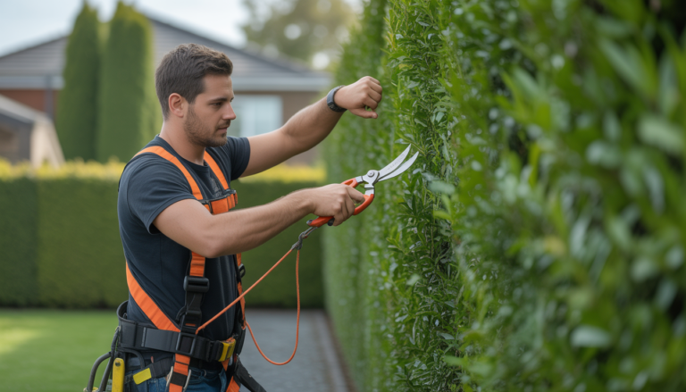 Worker wearing safety harness trimming a large hedge with pruning shears in a residential garden