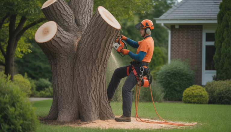 Professional tree climber wearing safety harness pruning a large mature tree with a chainsaw in a residential garden