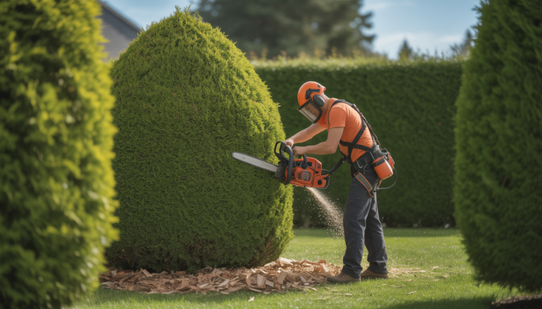 Arborist wearing safety harness pruning a well-shaped hedge with a chainsaw in a residential garden under clear sky