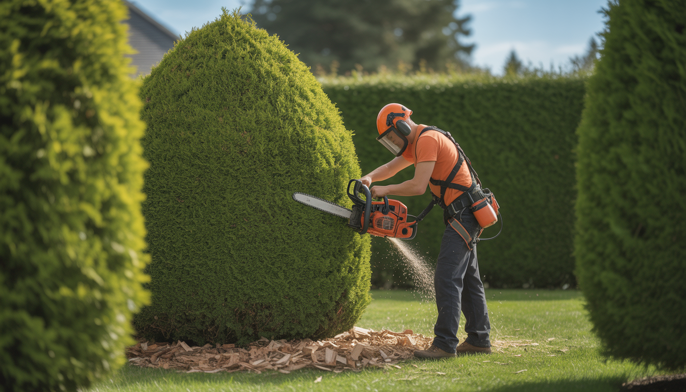 Arborist wearing safety harness pruning a well-shaped hedge with a chainsaw in a residential garden under clear sky