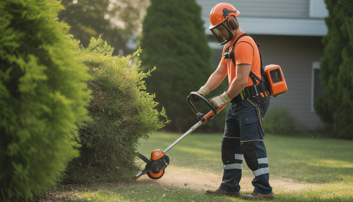 Professional landscaper wearing full safety gear trims dense brush with a powerful brush cutter in a residential setting under natural lighting