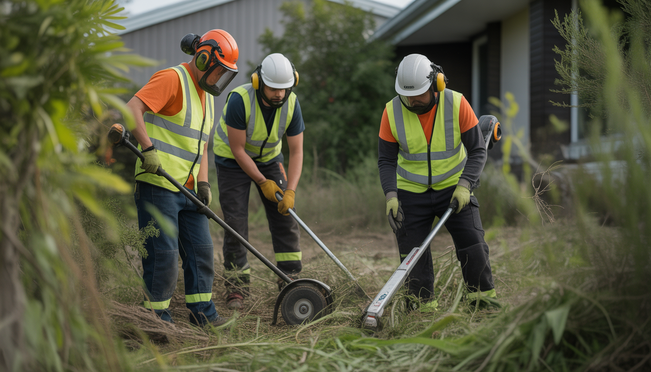 Team of professionals wearing high-visibility vests, helmets, and gloves clearing dense vegetation using specialized tools and a brush cutter in a natural residential setting with plant debris around.