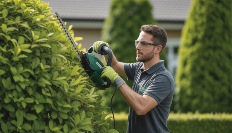Arboriste en gants et lunettes de protection taillant une haie verte dense avec une cisaille électrique dans un jardin résidentiel bien entretenu
