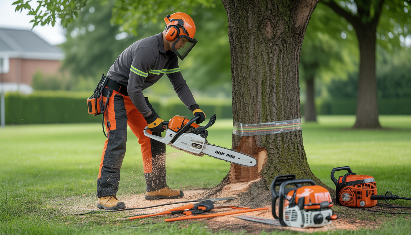 Arboriste professionnel équipé de protections complètes utilisant une tronçonneuse à la base d'un arbre mature en parc résidentiel, avec rubans de sécurité et outils spécialisés autour du tronc.