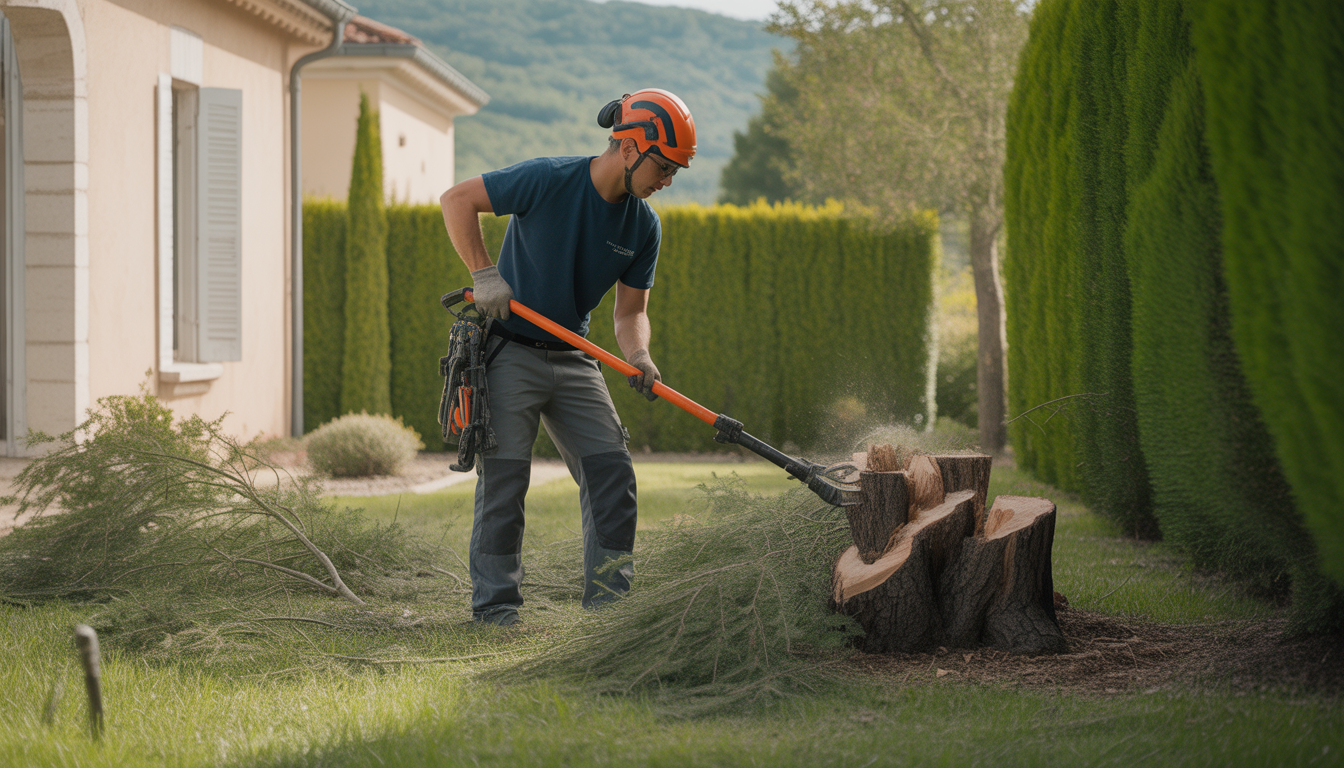 Technicien en débroussaillage réalisant un travail professionnel d'entretien d'arbres dans un jardin résidentiel à Lyon