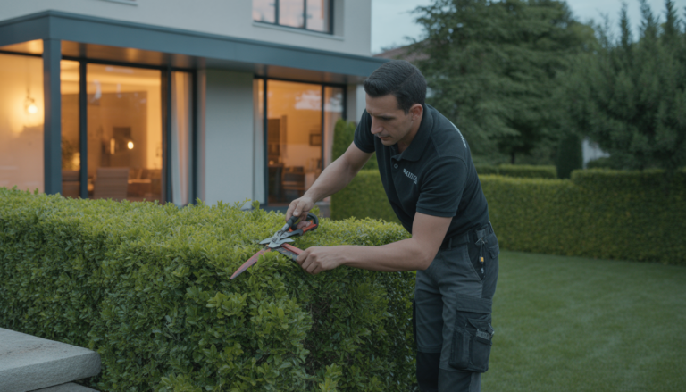 Technicien paysagiste en train de tailler une haie dense et bien taillée dans un jardin résidentiel à Lyon