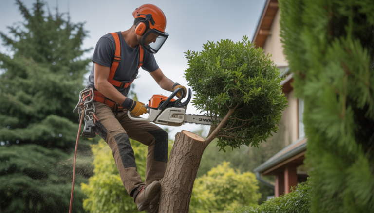Élagage arbre Lyon avec un élagueur professionnel équipé d'un harnais et d'un casque, travaillant sur un arbre bien entretenu dans un jardin résidentiel à Lyon