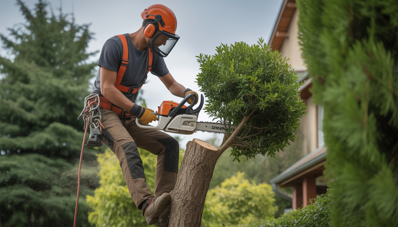 Élagage arbre Lyon avec un élagueur professionnel équipé d'un harnais et d'un casque, travaillant sur un arbre bien entretenu dans un jardin résidentiel à Lyon