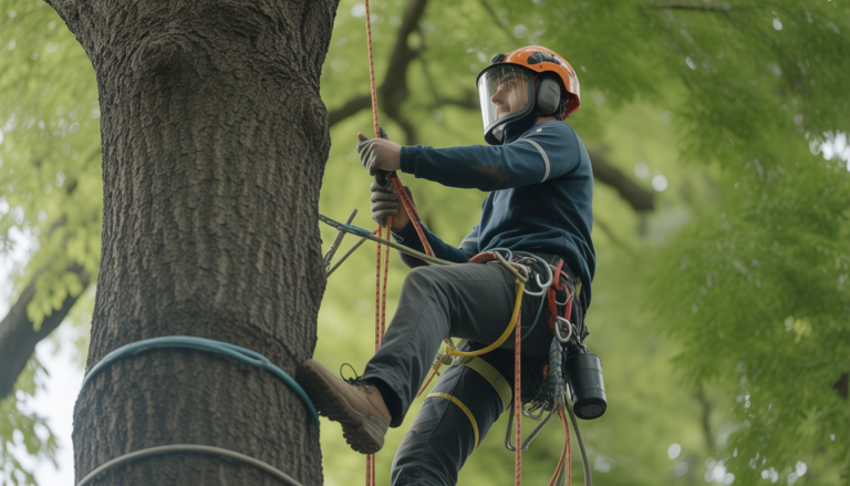 Arboriste grimpeur qualifié en pleine ascension d'un arbre urbain à Tassin-la-Demi-Lune, équipé de matériel de sécurité complet dans un jardin bien entretenu