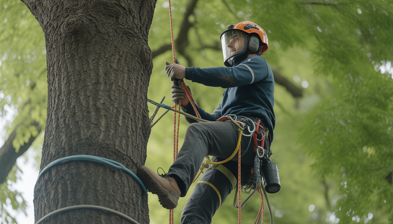 Arboriste grimpeur qualifié en pleine ascension d'un arbre urbain à Tassin-la-Demi-Lune, équipé de matériel de sécurité complet dans un jardin bien entretenu