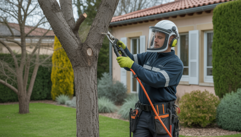 Arboriste professionnel en équipement de protection en train d'élaguer un arbre dans un jardin résidentiel à Lyon, avec une maison et une végétation bien entretenue