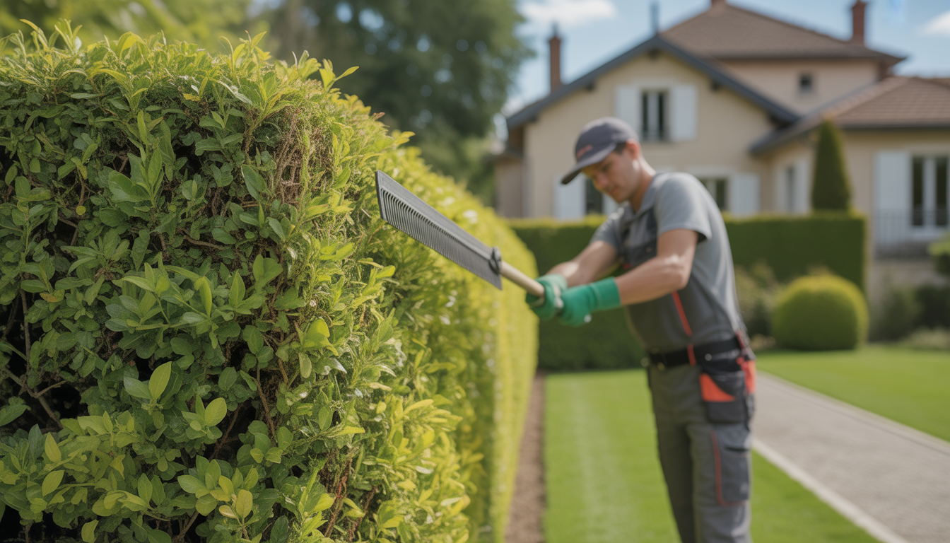 Technicien professionnel en uniforme taillant une haie bien entretenue dans un jardin résidentiel à Lyon ouest