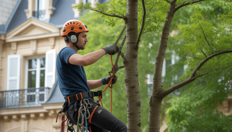 Élagage arbre à Tassin-la-Demi-Lune près de Lyon, grimpeur professionnel taillant des branches avec harnais et équipement de sécurité dans un jardin résidentiel verdoyant