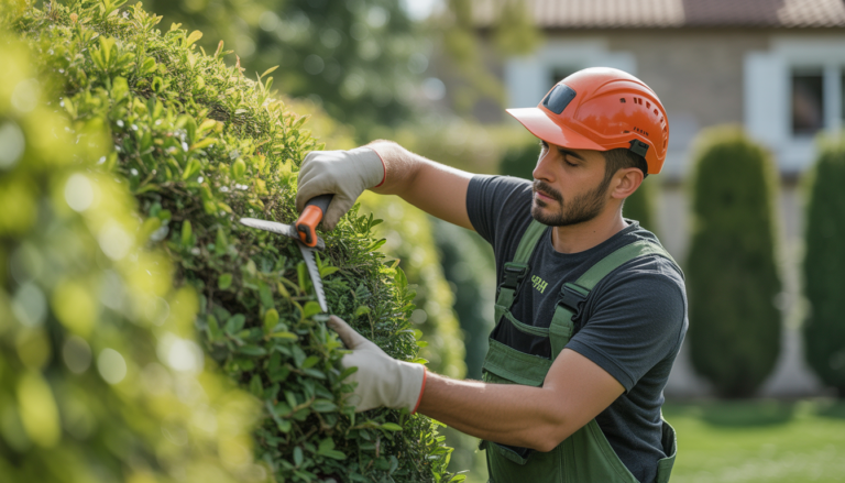 Travailleur professionnel taillant une haie parfaitement façonnée dans un jardin résidentiel près de Lyon