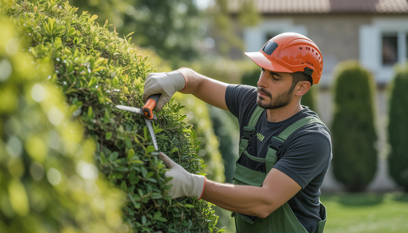 Travailleur professionnel taillant une haie parfaitement façonnée dans un jardin résidentiel près de Lyon