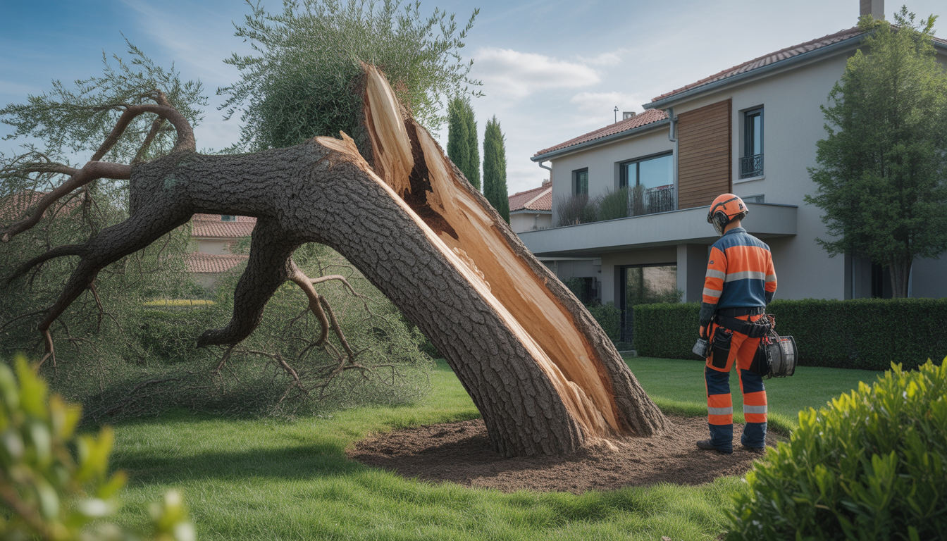 Abattage arbre dangereux à Brignais : arbre endommagé et fragile observé par un arboriste professionnel en équipement de sécurité
