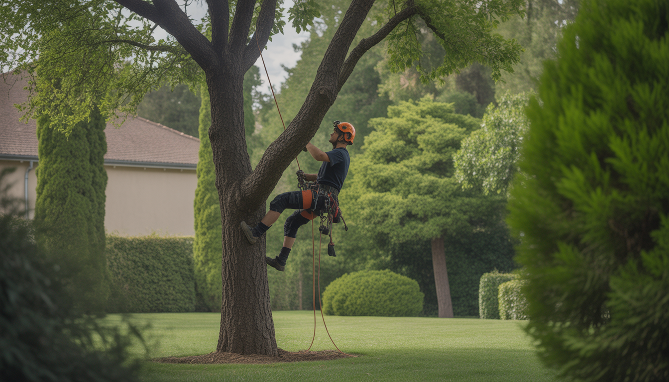 Élagueur professionnel pour particulier à Lyon équipé en tenue de sécurité complète grimpe un arbre majestueux dans un jardin résidentiel bien entretenu