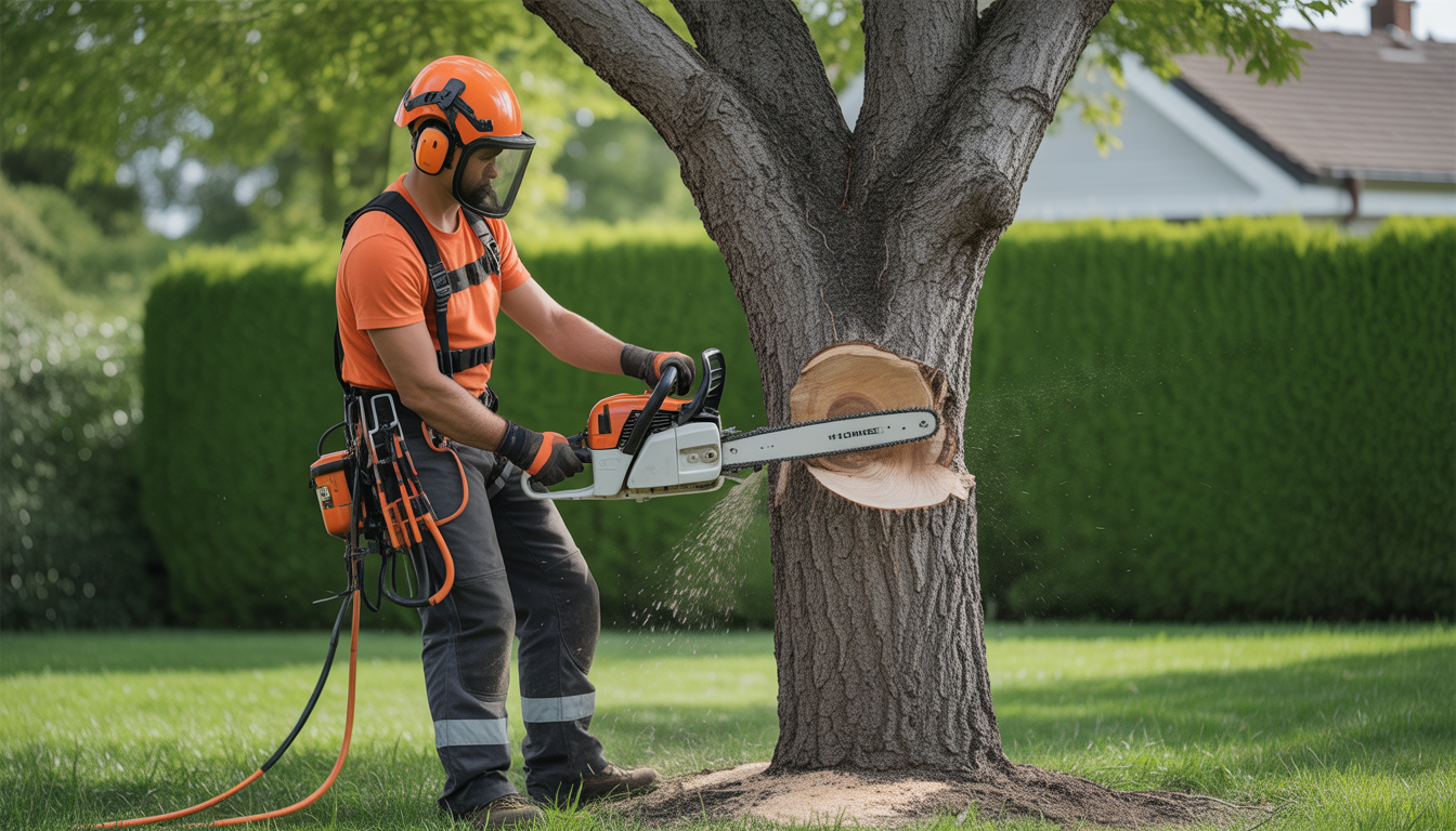 Entretien arbres ouest lyonnais réalisé par un arboriste professionnel avec équipement de sécurité complet, élagage précis d’un grand arbre en jardin résidentiel