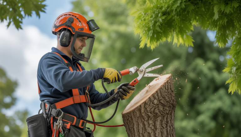 Entretien arbres ouest lyonnais : arboriste professionnel en tenue de sécurité taille une couronne d'arbre majestueuse avec des outils spécialisés dans un jardin résidentiel