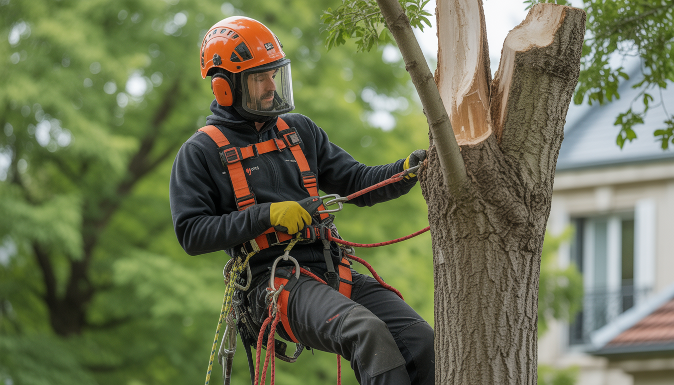 Arboriste professionnel en tenue de sécurité effectuant l'entretien arbres ouest lyonnais, taille d'un arbre en jardin résidentiel bien entretenu