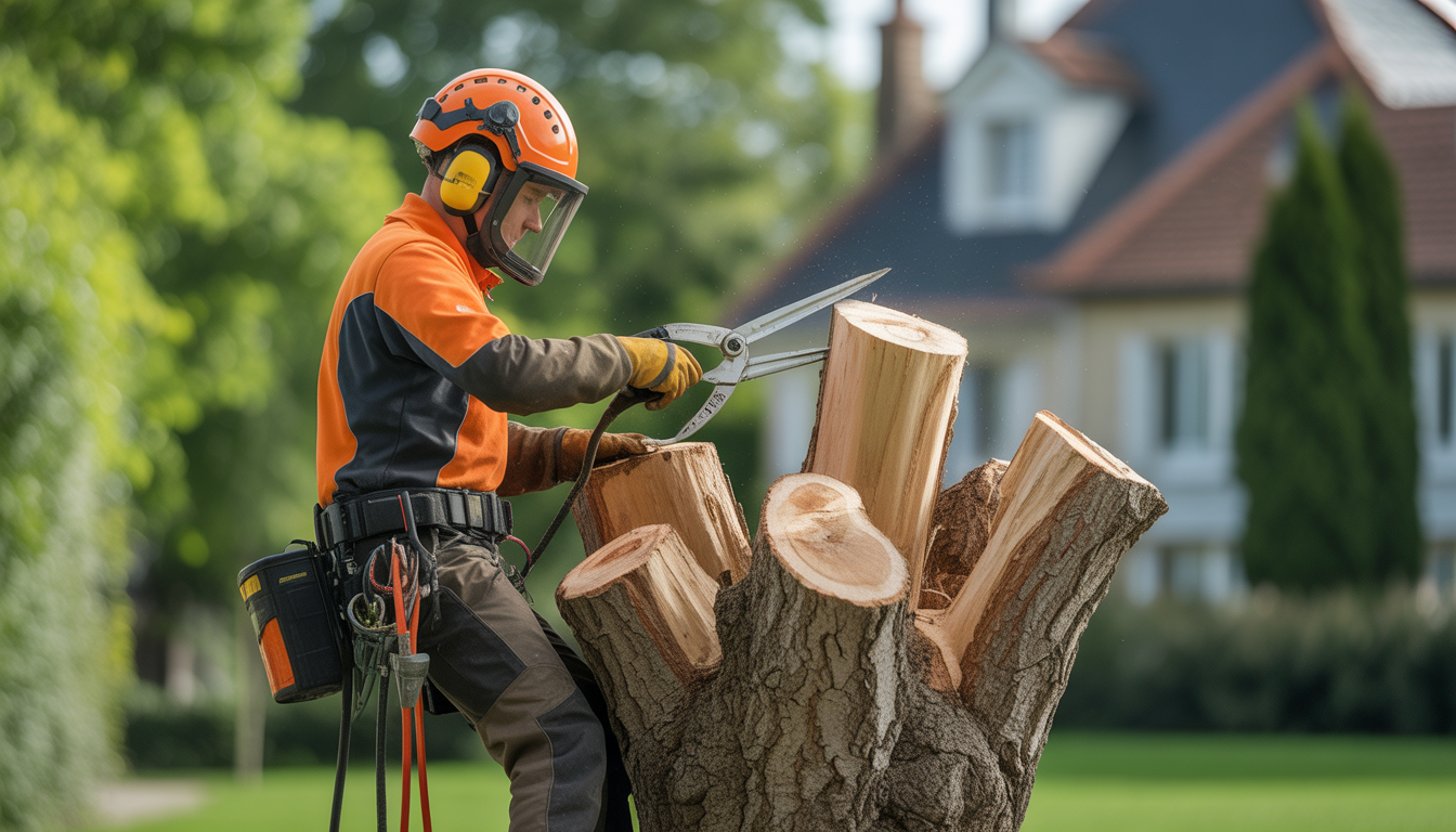 Élagueur particulier en équipement de sécurité complet élaguant la couronne d'un arbre majestueux dans un cadre résidentiel à Lyon 8e arrondissement