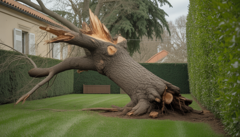 Arbre incliné dangereux avec racines exposées et branches fragiles dans un jardin résidentiel à Lyon