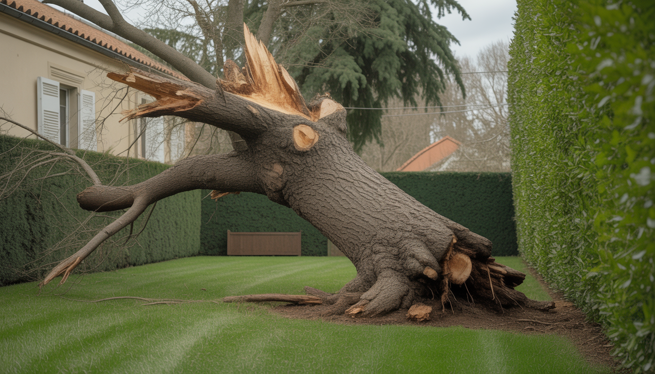 Arbre incliné dangereux avec racines exposées et branches fragiles dans un jardin résidentiel à Lyon