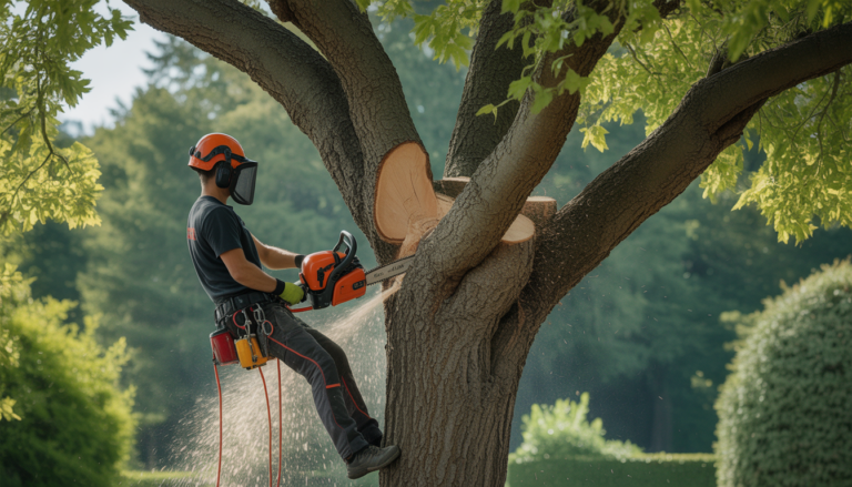 Arboriste professionnel équipé d'un harnais et d'un casque utilisant une tronçonneuse au sein d'un arbre majestueux en bonne santé, dans un jardin résidentiel de l'ouest lyonnais