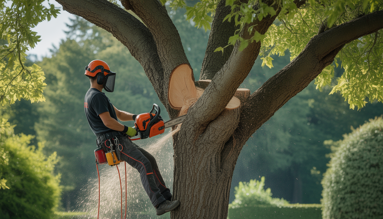 Arboriste professionnel équipé d'un harnais et d'un casque utilisant une tronçonneuse au sein d'un arbre majestueux en bonne santé, dans un jardin résidentiel de l'ouest lyonnais