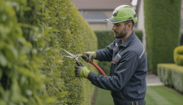 Technicien en paysagisme taillant une haie soigneusement entretenue dans un jardin résidentiel près de Lyon, taille de haie Tassin-la-Demi-Lune