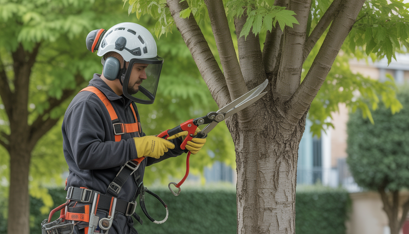 Entretien arbres ouest lyonnais par arboriste certifié avec équipement de sécurité dans jardin résidentiel