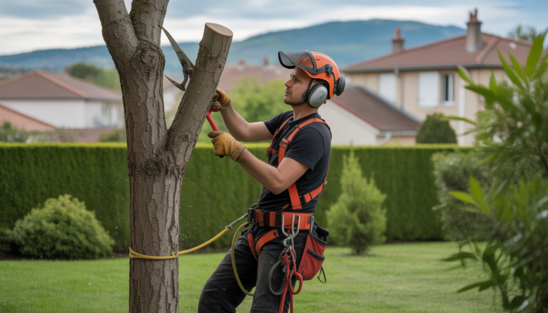 Élagage arbre à Tassin-la-Demi-Lune par un professionnel équipé de harnais et casque dans un jardin résidentiel avec maisons de l’ouest lyonnais en arrière-plan