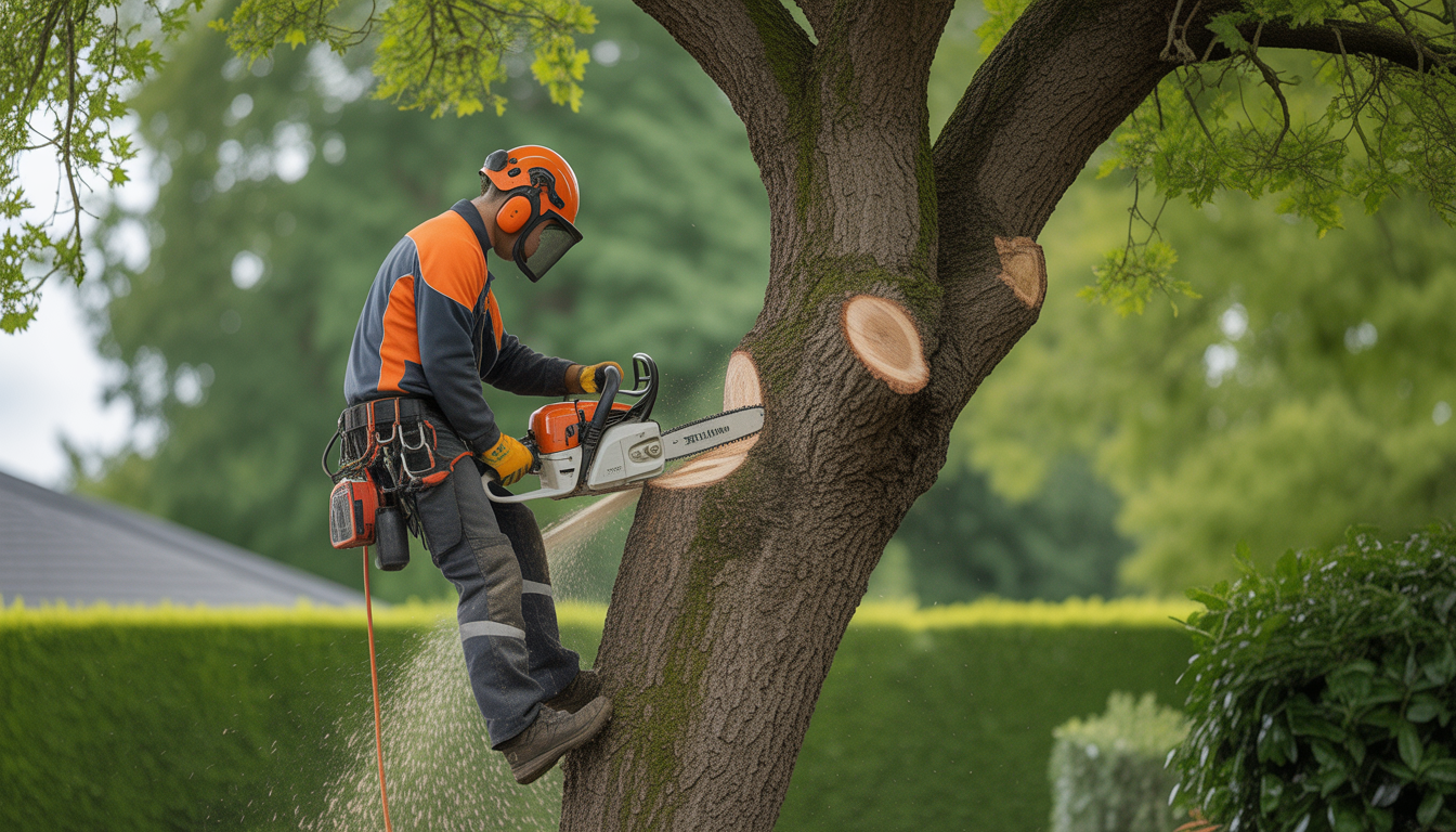 Élagueur professionnel pour particulier à Lyon grimpant un grand chêne sain avec équipement de sécurité complet et tronçonneuse, soins précis des arbres dans un jardin résidentiel