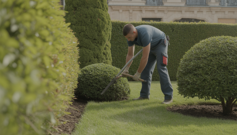 Technicien entretien espaces verts Lyon ouest taillant les haies et la pelouse dans un jardin soigné près de Lyon