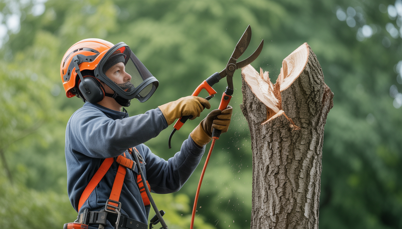 Arboriste professionnel en équipement complet effectuant l'entretien arbres ouest lyonnais en taille précise d'un arbre dans un cadre résidentiel