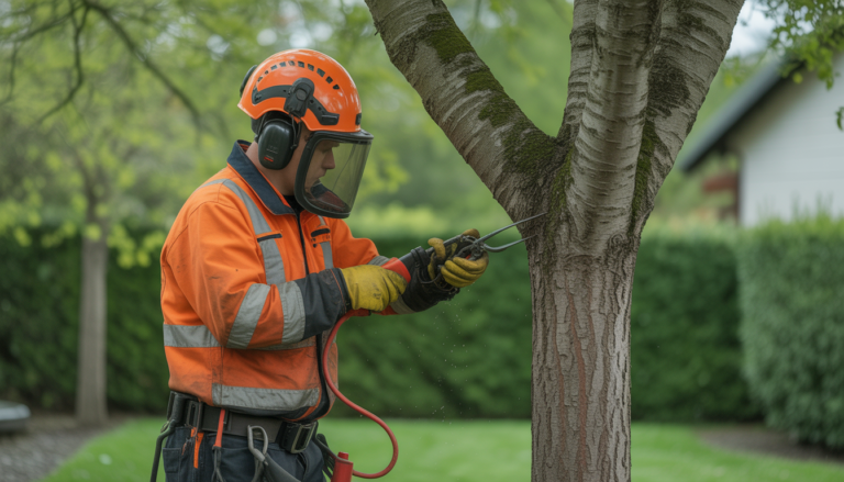 Entretien arbres ouest lyonnais avec un arboriste en équipement de sécurité taillant un arbre dans un jardin bien entretenu