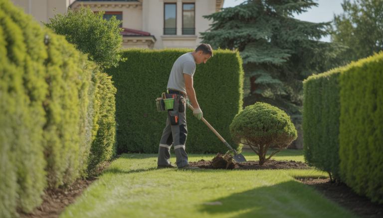 Paysagiste professionnel réalisant l'entretien arbres ouest lyonnais dans un jardin soigné avec haies taillées et pelouse propre