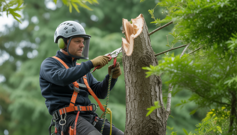 Arboriste professionnel effectuant un élagage d'arbre en hauteur dans une zone résidentielle de l'agglomération lyonnaise, équipé d'un harnais, casque et équipement de sécurité